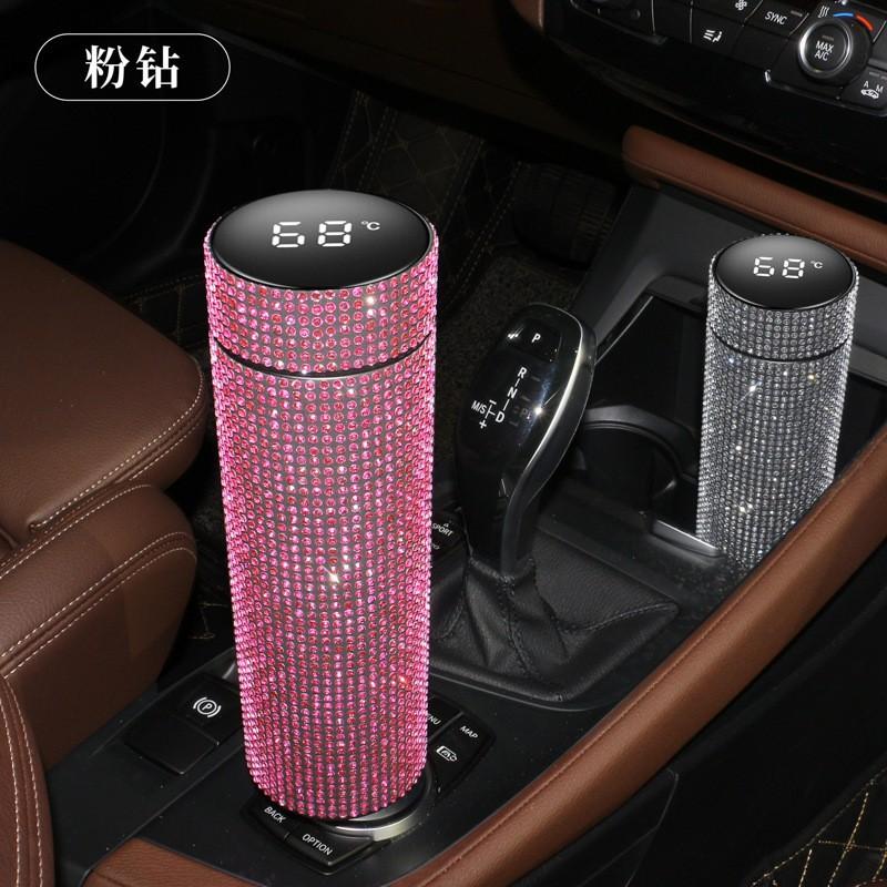 Stainless Steel Temperature Display Insulated Tumbler With Rhinestone Decor 500ml Straight Design Travel Cup Office Car