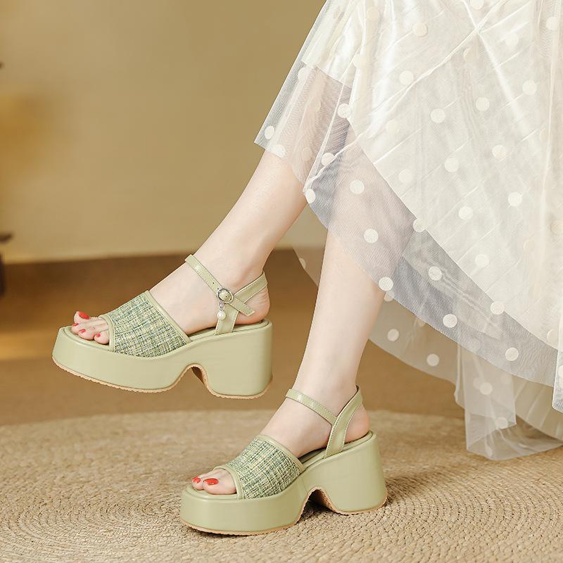 Sandals Women's Slope Heel Small Man Thick Sole Height Increase 7cm One-word Buckle Belt Summer Women's Shoes Celebrity Wind Waterproof Table Open Toe