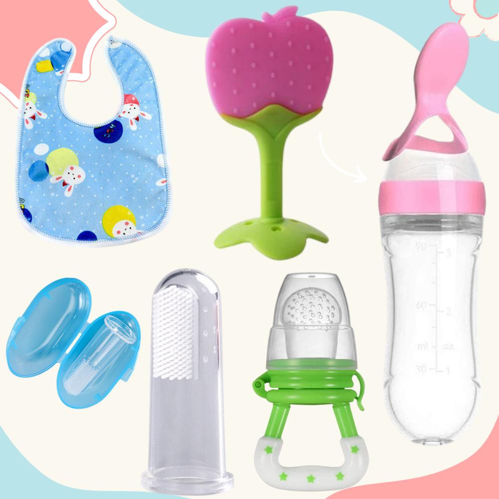 Baby Care Combo – Tree Teether, Spoon Feeder Bottle, Fruit Feeder, Finger Brush & Button Bib Set