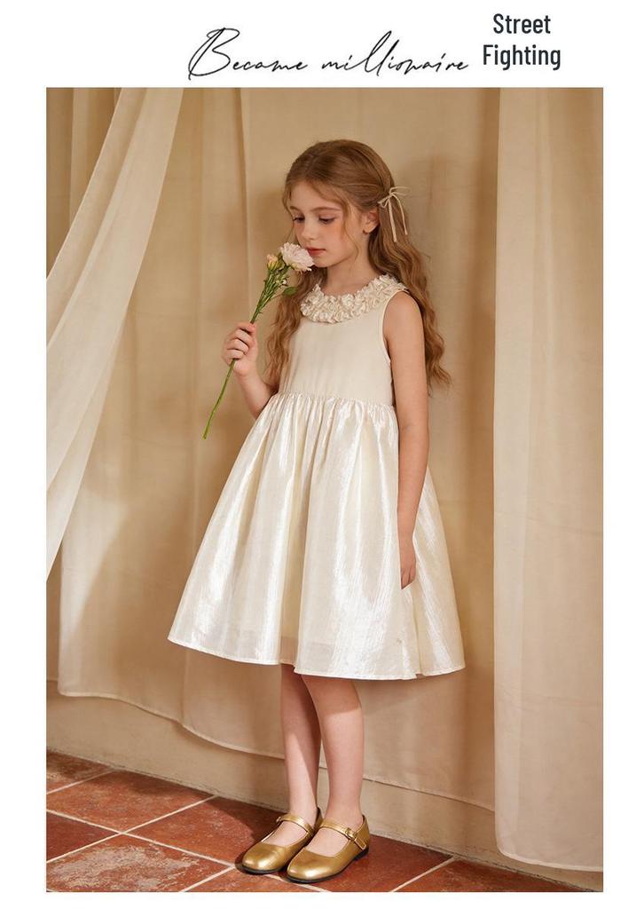 Girls' Korean Style Summer Princess Dress with Lace Collar