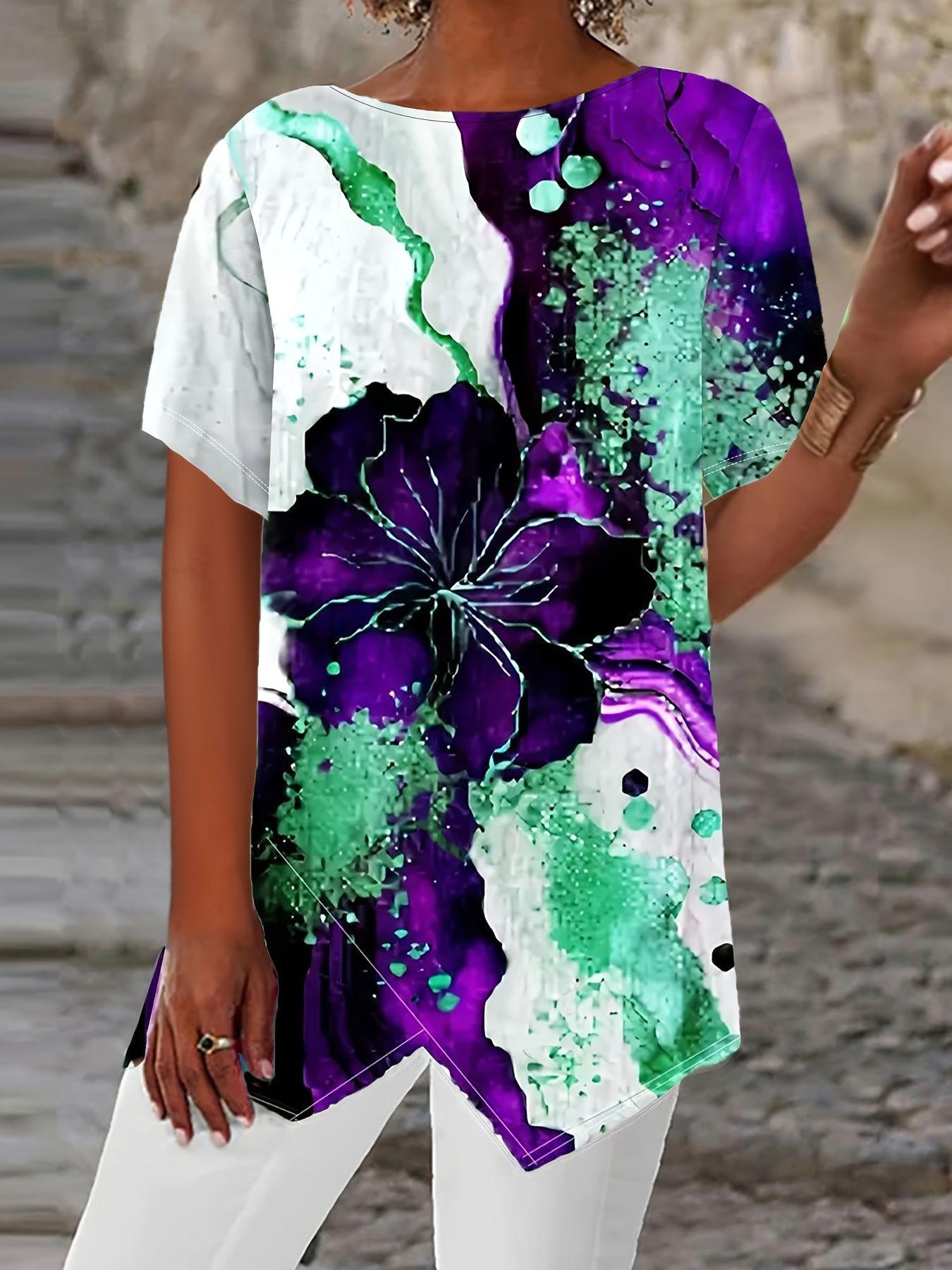 women s Abstract Floral Print Short Sleeve Irregular Hem Loose Fit Casual Tunic Top Blouse S фиолетовый