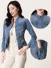 Allegra K Women's Classic Stand Collar Long Sleeve Denim Jacket with Chest Pocket, Blue, Size XL