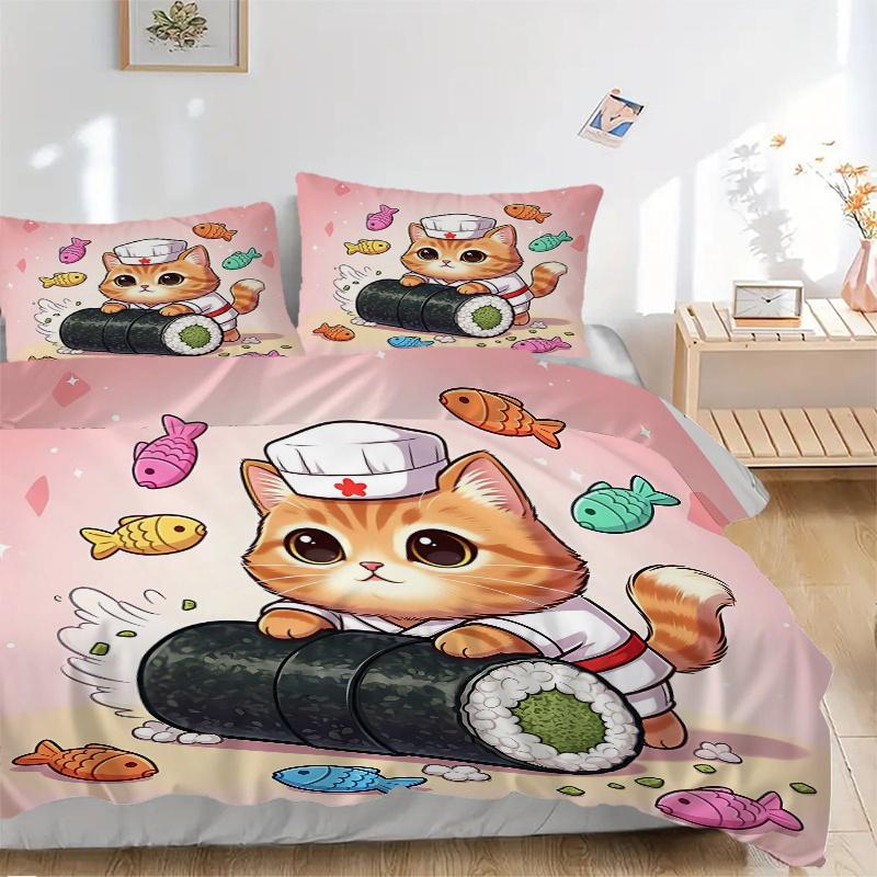 3pcs Kitten Making Sushi Print Bedding Set (1 Cover + 2 Pillowcases, Without Inserts), This Printed Bedding Set Is Soft and Comfortable, Suitable