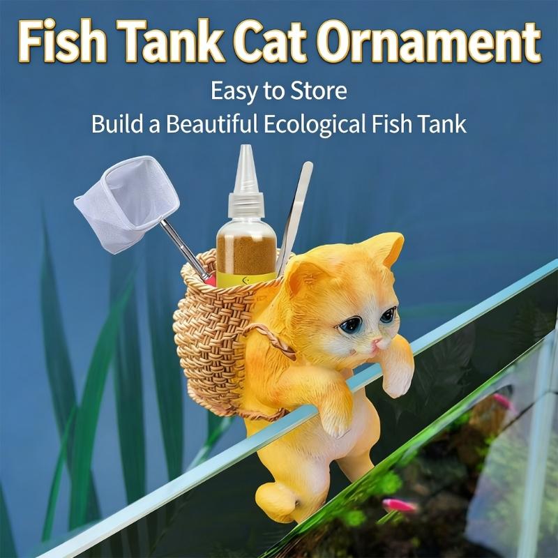 Resin Animal Statue Aquarium Accessories Fish Tanks Decorations Home Decors Hanging Cats Figurines with Storage Basket