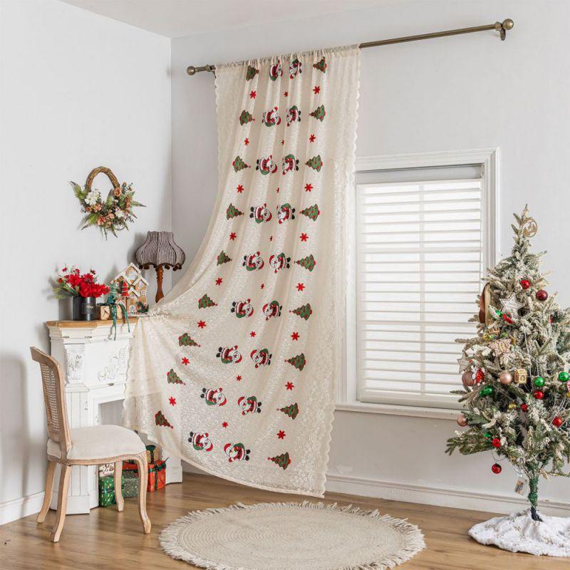 2pcs Christmas Embroidery Curtains Translucent Lace Curtains Rod Through Curtain