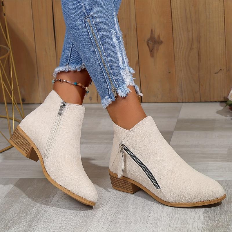 Dámské jednobarevné boty na silném podpatku, ležérní boty na zip s špičatou špičkou, pohodlné kotníkové boty