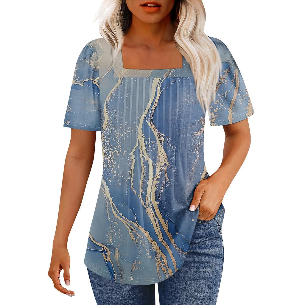 Tricouri pentru femei, plisate, cu guler pătrat, elegante, casual, bluze, imprimare, mânecă scurtă, vară, topuri, croială lejeră