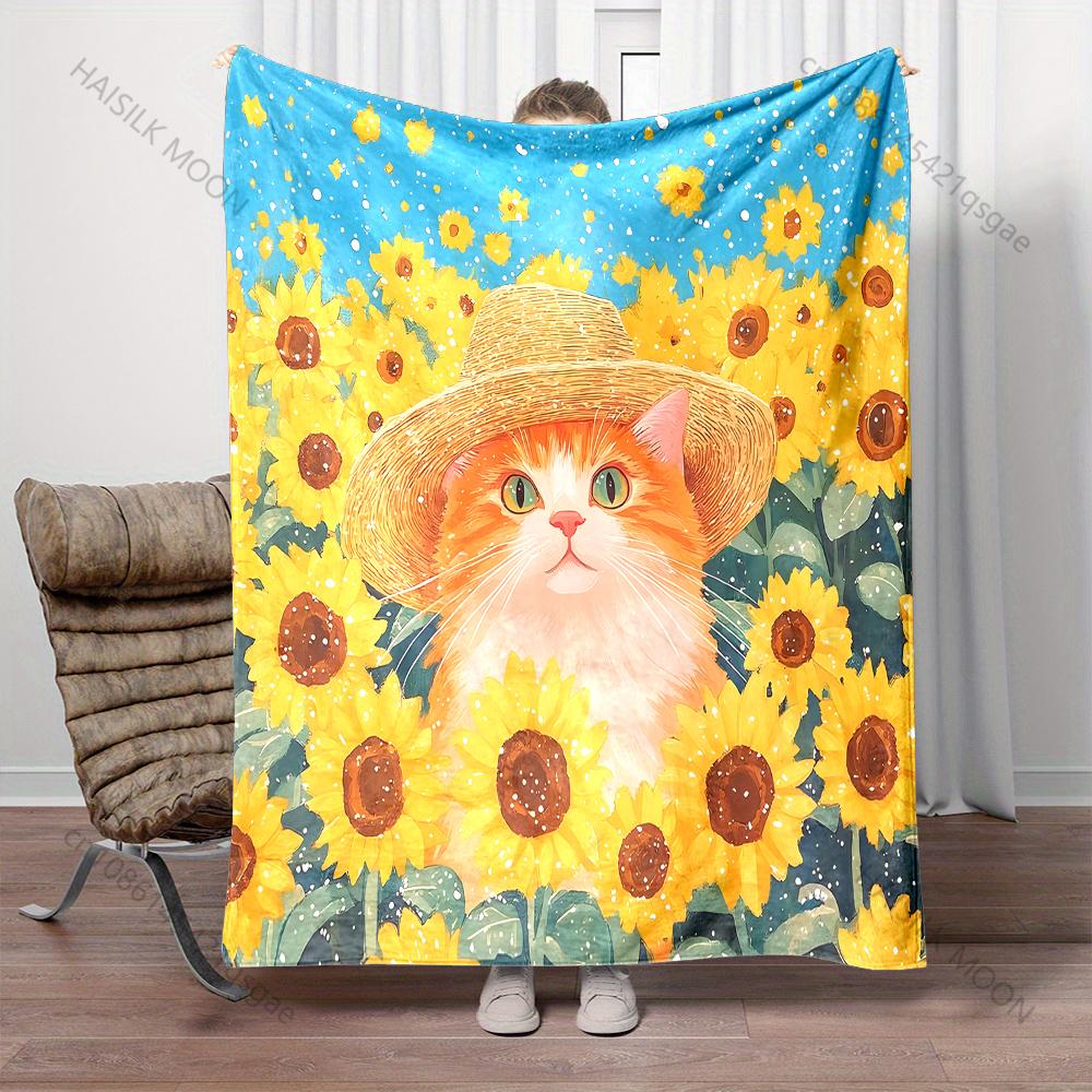 6 Style Sunflower Cat in Ink Style Print Warm Comfortable Blanket Home Travel Camping for Adults and Kids Luxury for Gifts