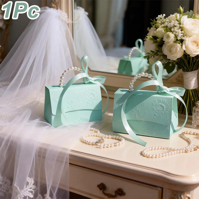 1PC Candy Box Bridal Showers Gift Boxes Giveaways With Pearl Handle Festive Easy to fold Parties Solid Color Elegant Weddings