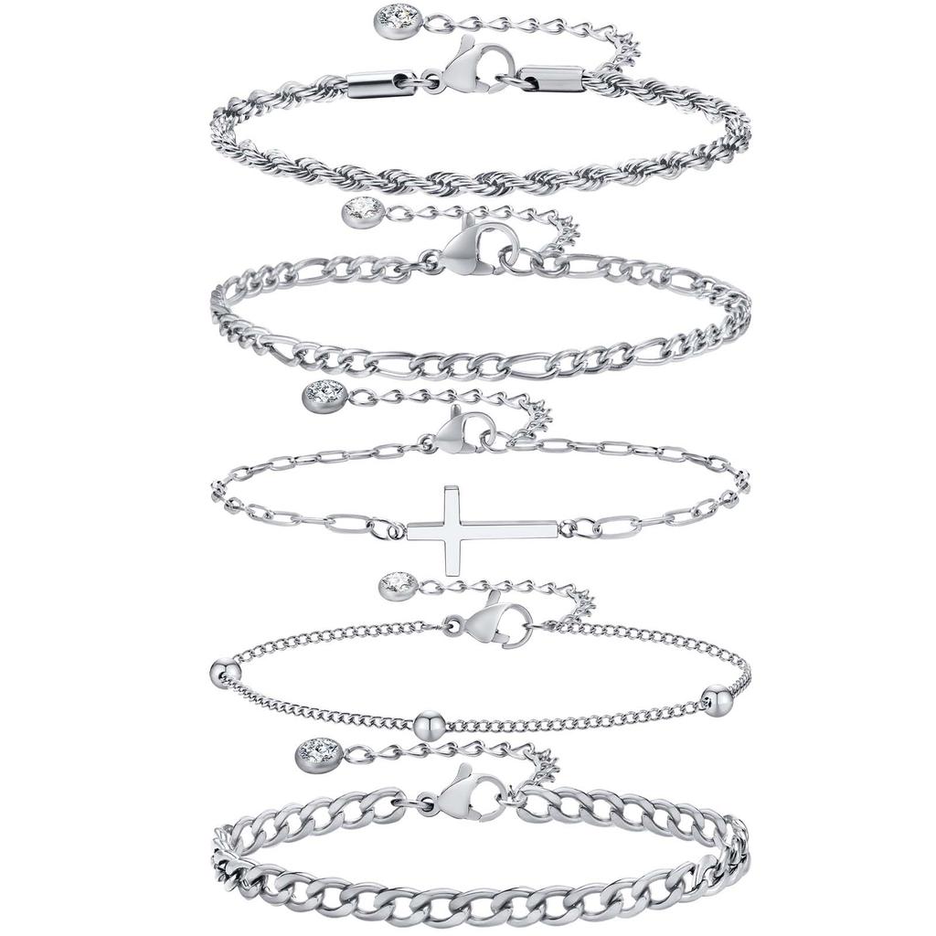 Stainlesss Steel Chain Bracelets Set,5pcs Dainty Layered Bracelet Jewelry For Women Gift