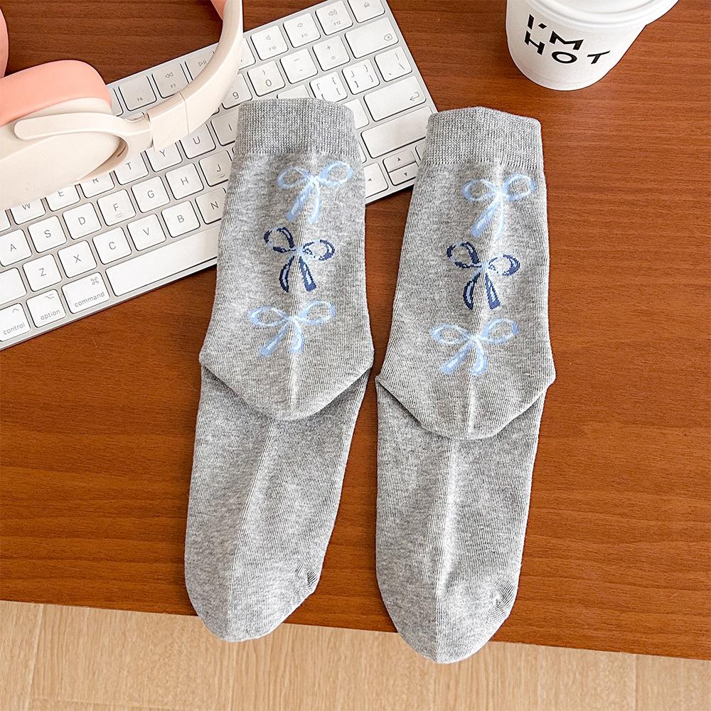 Women's Mid-calf Socks, Pure Cotton Antibacterial Autumn Bow Pile Socks, Ballet-style Boneless Solid Color Cotton Socks, Long Socks