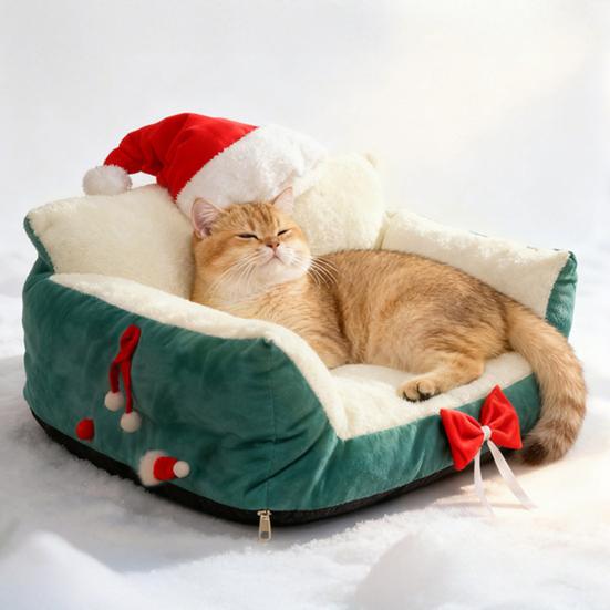 Christmas Cat Bed Fluffy Pet Sofa Bed with Removable Washable Cover Cozy Plush Cat Sofa for Winter Holiday Indoor Cats Rest Play