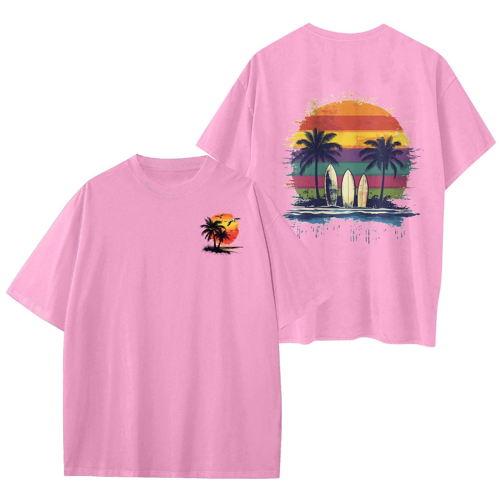 

Женский круглый вырез модный свободный гавайский принт короткие рукава XL розовый