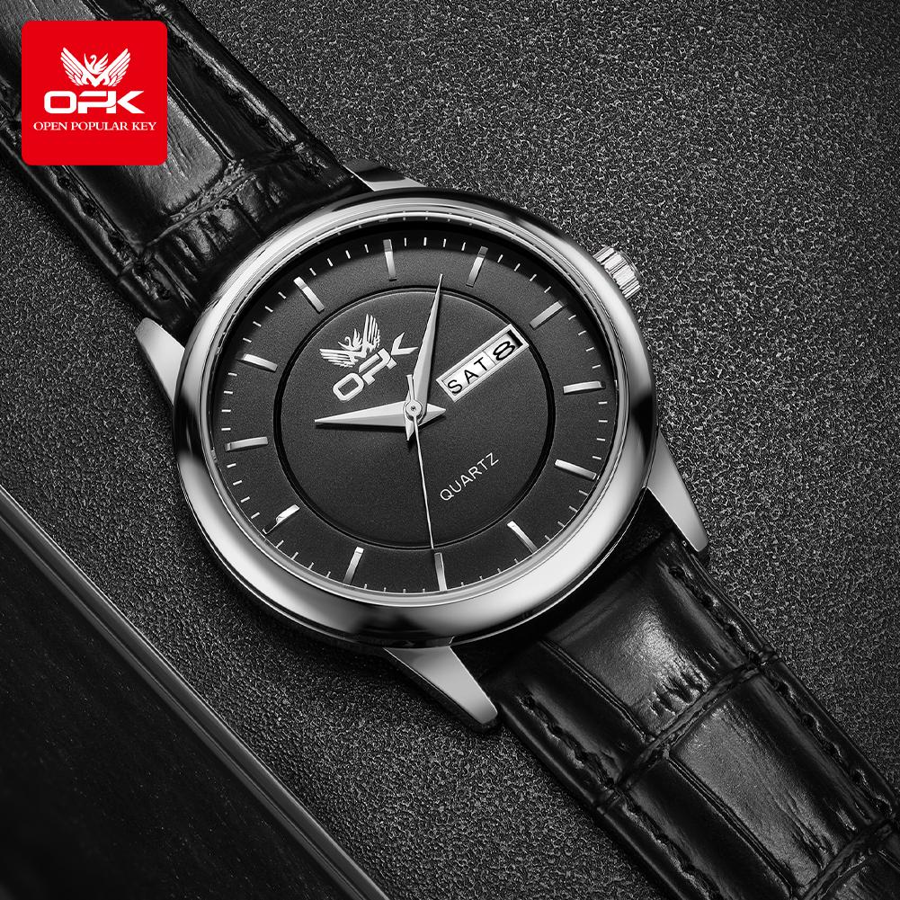 OPK 6022 Men Watches Elegant Fashion Quartz Wristwatch for Men Waterproof Leather Strap Dual Calendar Window Display Watch