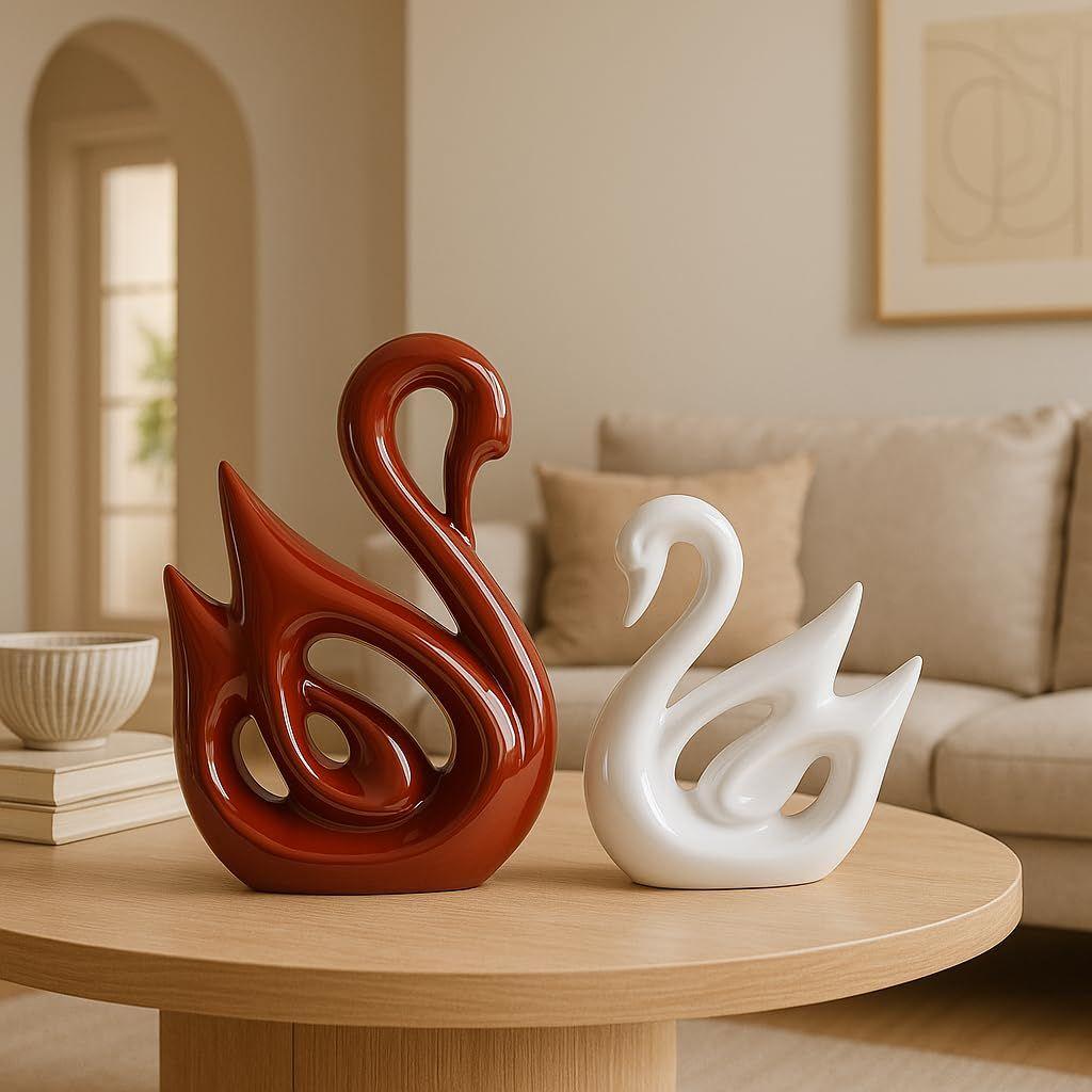 Lucky Swan Couple Piano Finish Ceramic Figures for Home Decor (Set of 2 Pc, Large, Brown & White)