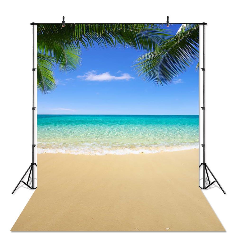 Sea Beach Sand Cloudy Blue Sky Scene Summer Beach Photography Backdrop for Photo Studio Tropical Palms Coconut Tree Background