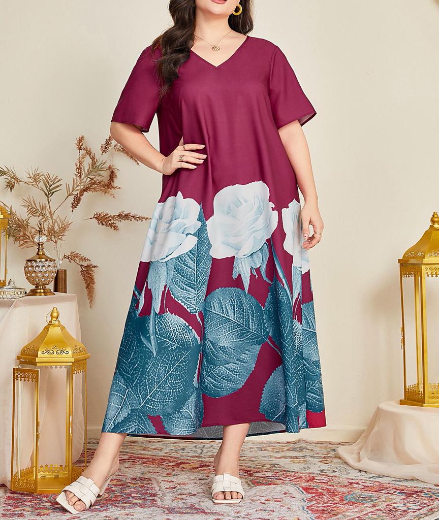 Plus Size Autumn V-Neck Rose Print Loose Casual Long Dress for Women