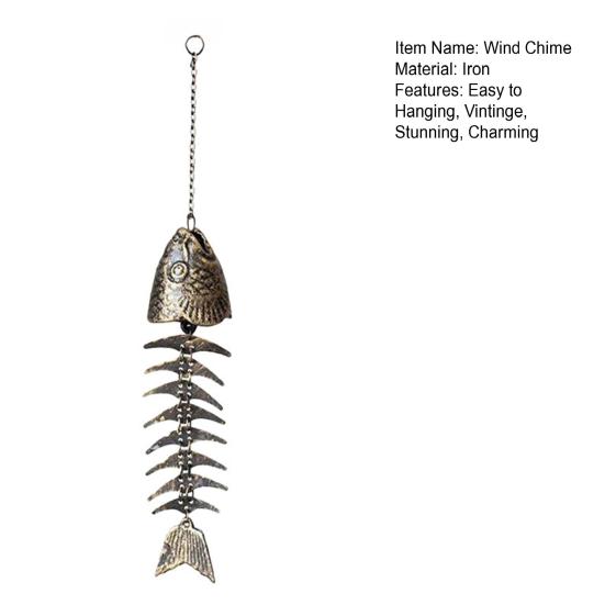 Fish Skeleton Windchime Vintage Metal Fish Bone Wind Chime Outdoor Hanging Bell with Soothing