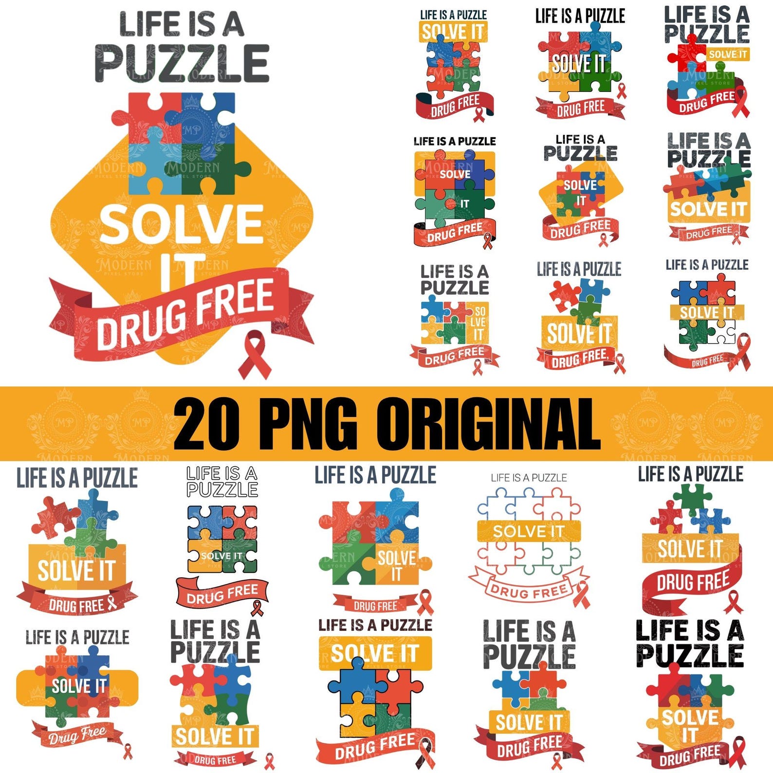 20 Life Is A Puzzle Solve It Drug Free PNG SVG T-Shirt Design | School Spirit Tee Design | Red Ribbon Week Shirt | Drug Free Awareness PNG XL