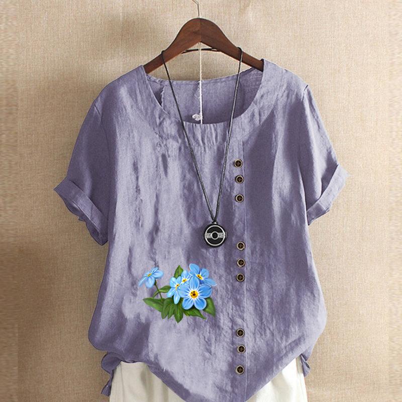 Women's Fashion Flower Prined Short Sleeve T-shirt Loose Cotton Shirt Casual Loose Summer Blouse Tops