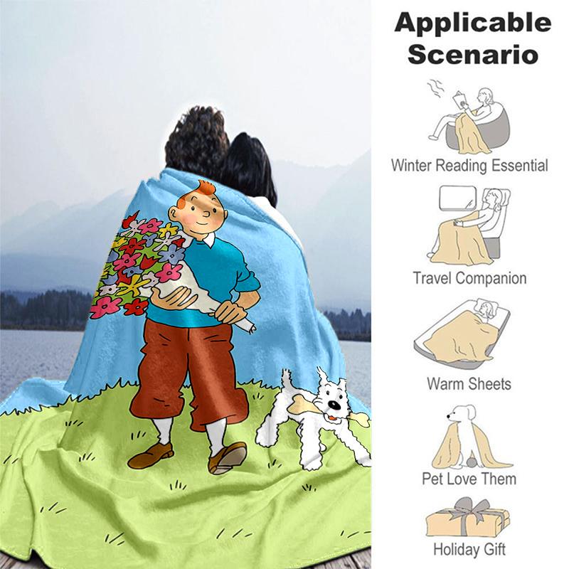 1pc Blanket The Adventures of Tintin2 Print Design, Lightweight Blanket for Sofa, Bed- Soft &Warm, Gift for All Seasons like Christmas, Halloween