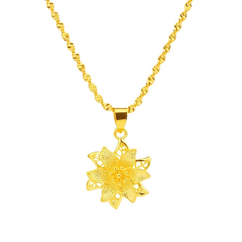Gold-Plated Brass Lily Pendant Necklace with Vietnamese Sand Gold Water Wave Design