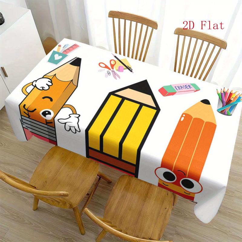 2D Flat 1pc Party Tablecloth, School-Themed Tablecloth, Tablecloth with Decorative Patterns Like Pencils, Rulers, And Stationery, Suitable for Home, K