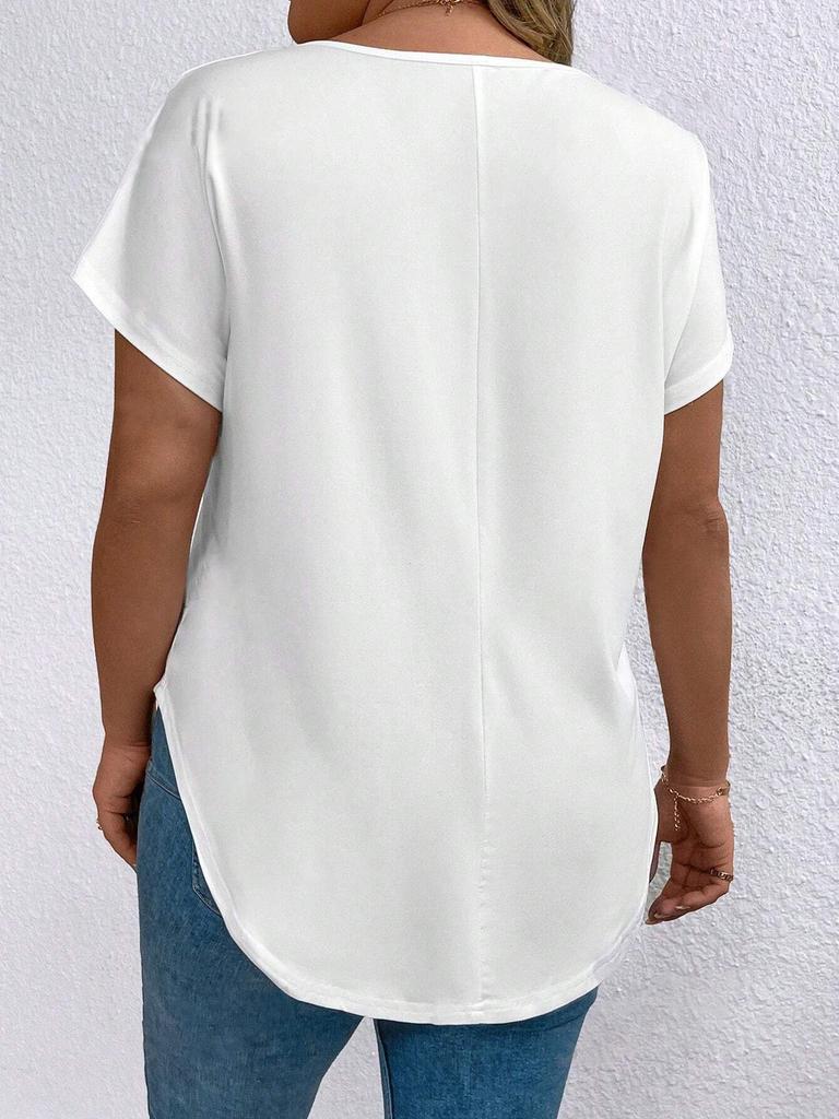 2026 Spring/Autumn Solid Color Plus Size Women's V-neck Short Sleeve Loose Pullover Top