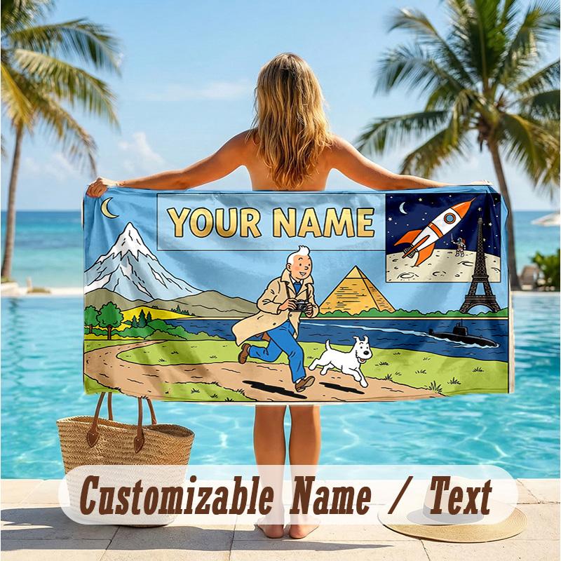 Custom Text Beach Towel, Soft Absorbent Swimming Multi-use TowelTintin