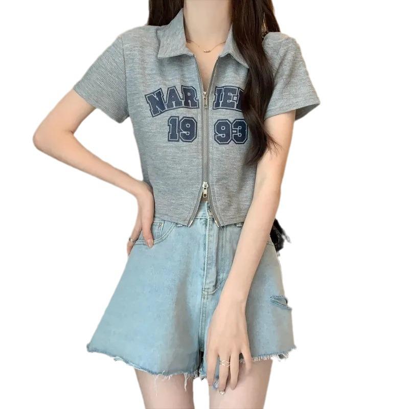 Women's Waffle Polo Collar Short-Sleeve Zipper Cardigan with Letter Print - Spring/Summer 2024