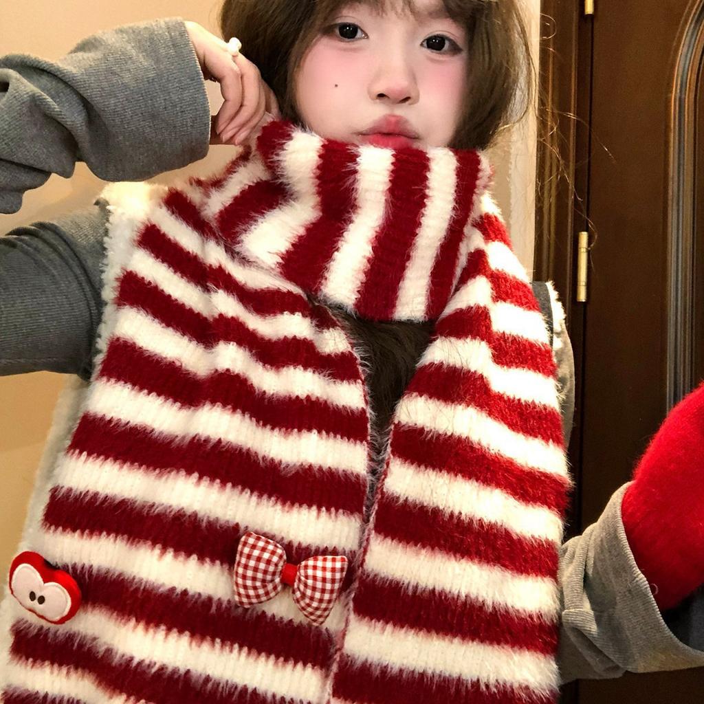 Imitation mink bow, apple striped plush knitted scarf, female Christmas atmosphere, thickened, cold-proof and warm female