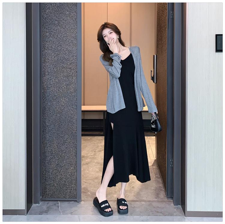 2025 Spring/Summer French Black Spaghetti Strap Slit Dress & Sun Protection Cardigan Set