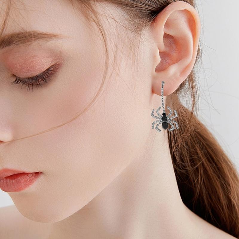 Halloween Jewelry Black Cubic Rhinestones Dangle Spiders Earrings For Women Girl