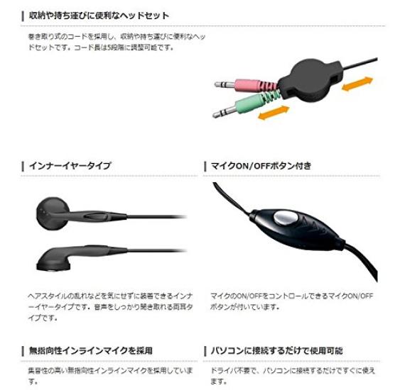 ELECOM Headset Microphone Binaural Inner Earphones Roll Mount 1.05m HS-EP14BK