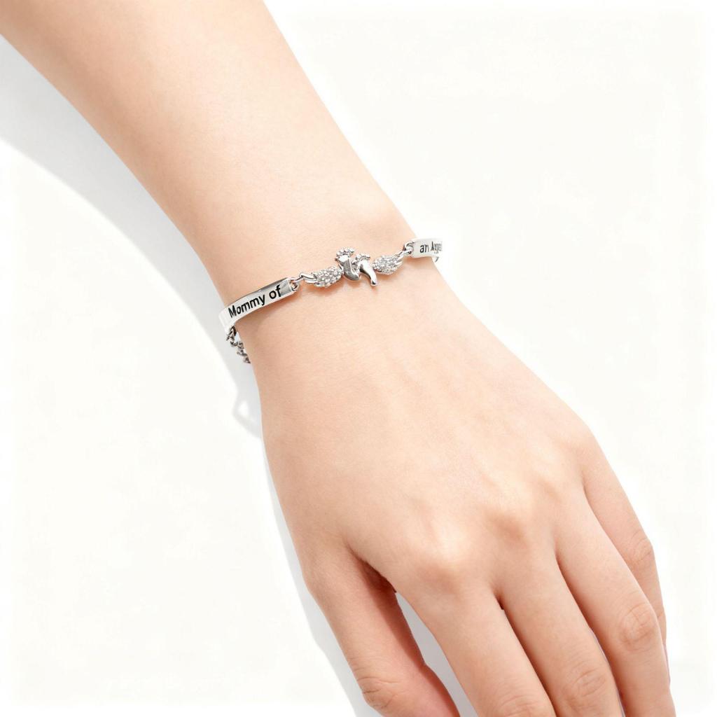 Angel Wings Baby Footprint Engraved Bracelet - Perfect Gift for Mom