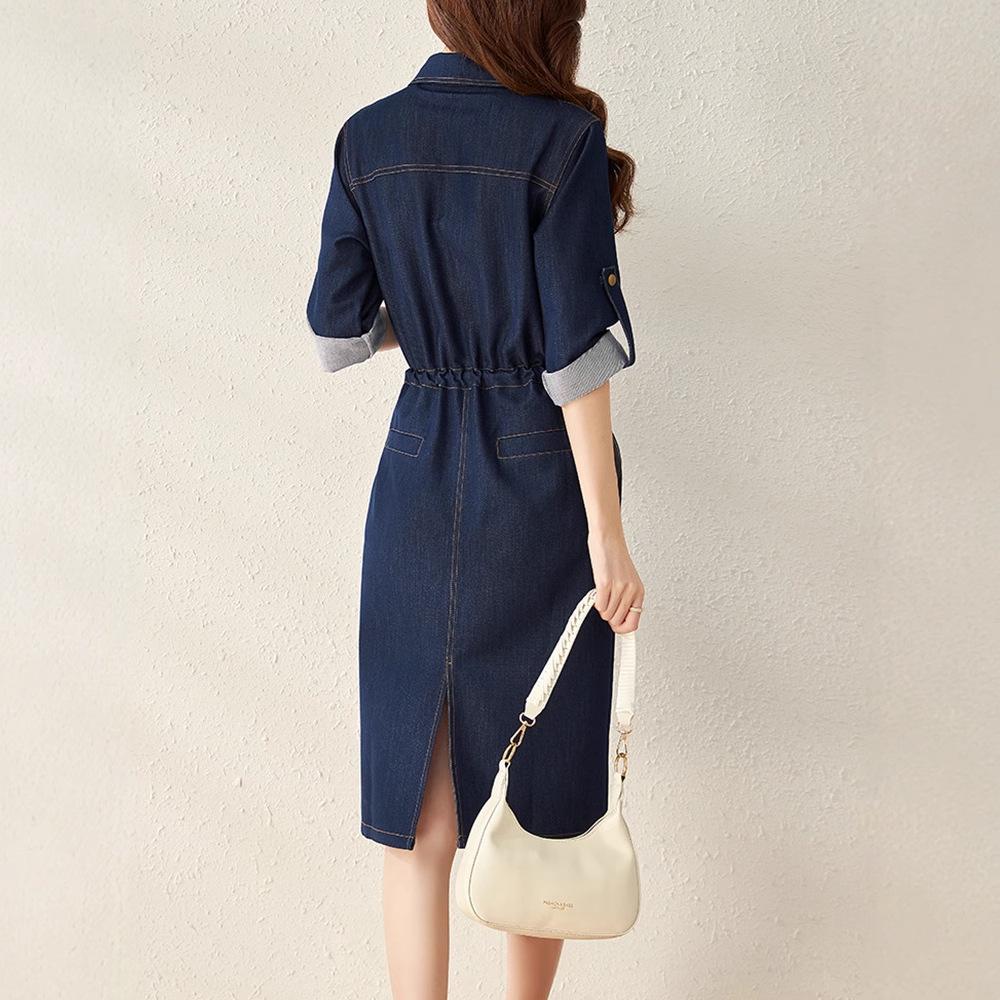 2115501-Retro Slimming Denim Waist-Cinch Dress for Autumn/Winter 2022