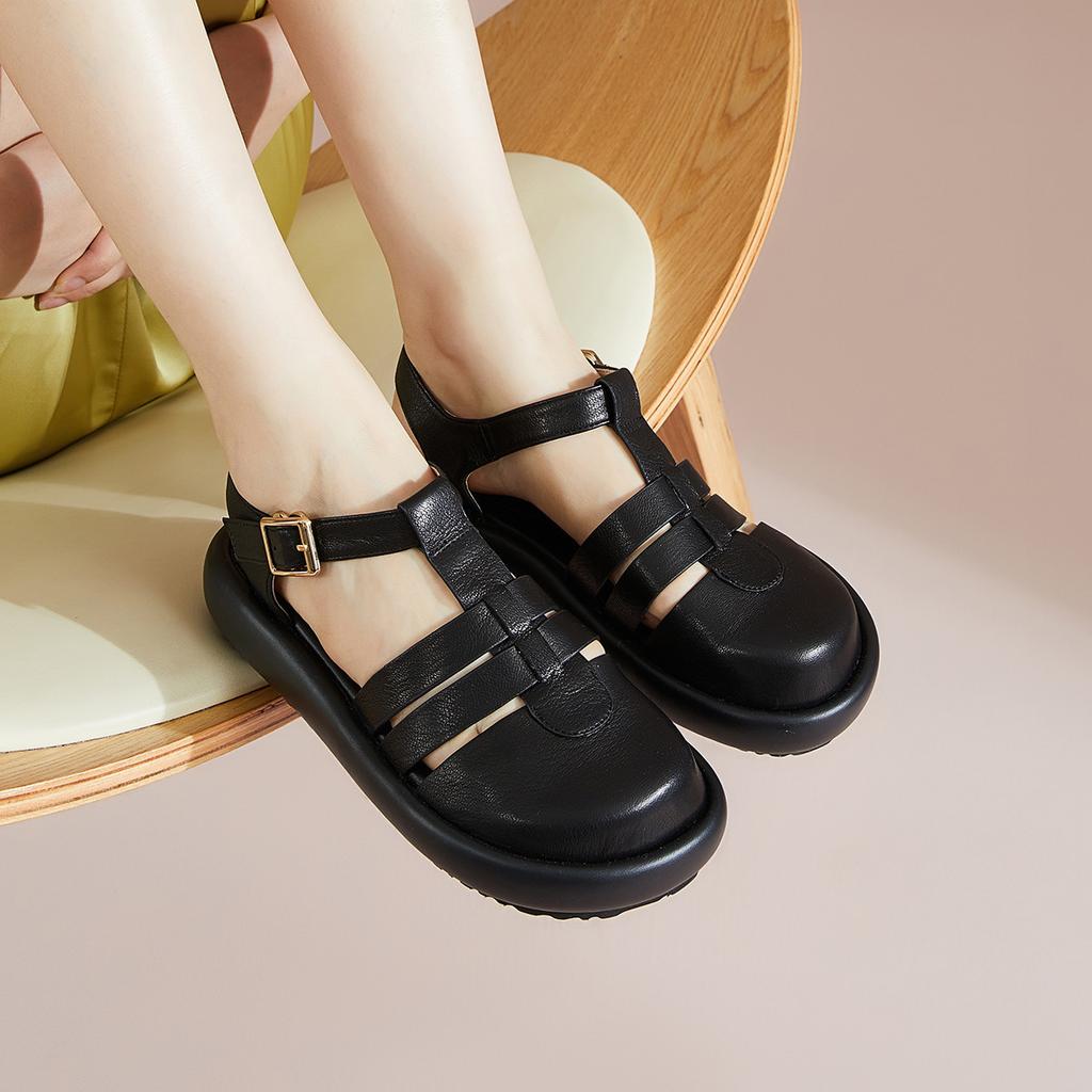 Sheepskin sandals for women, summer round toe toe, thick soled leather woven back hollow casual Roman sandals, pigsty shoes for women
