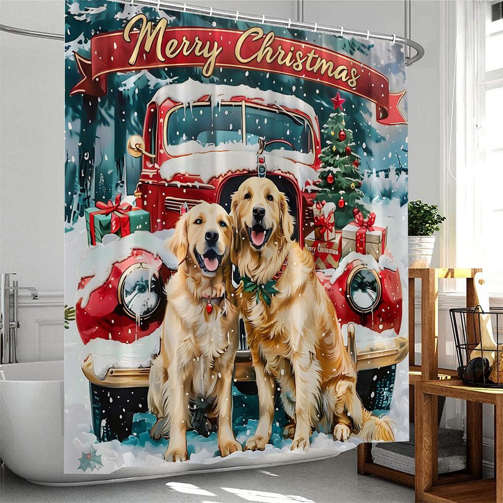 

Christmas Shower Curtain Dogs with Xmas Hat Winter Holiday Red Truck Pine Tree Snow Scenery Bathtub Decor Polyester Bath Curtain 90x180cm-35x70in