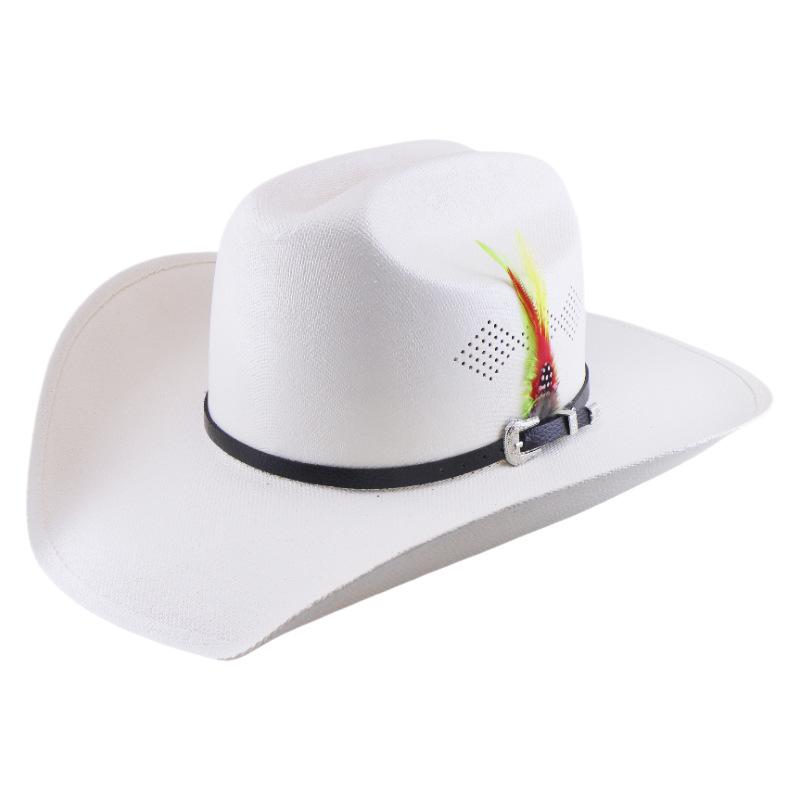 New Hot-selling White Western Cowboy Hat with Webbing Feather Decoration Breathable Sunshade Men's and Women's Party Top Hat