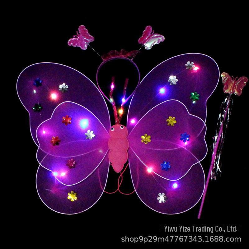 Children's Glow Angel Costume: Girl's Gauze Skirt with Flashing Wings and 20-Light Butterfly Design, 3-Piece Set.