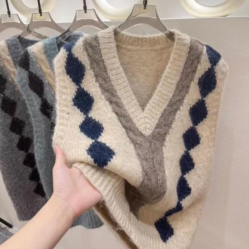 Women's Argyle V-Neck Color Block Knit Vest - 2024 Autumn/Winter Layering Sweater