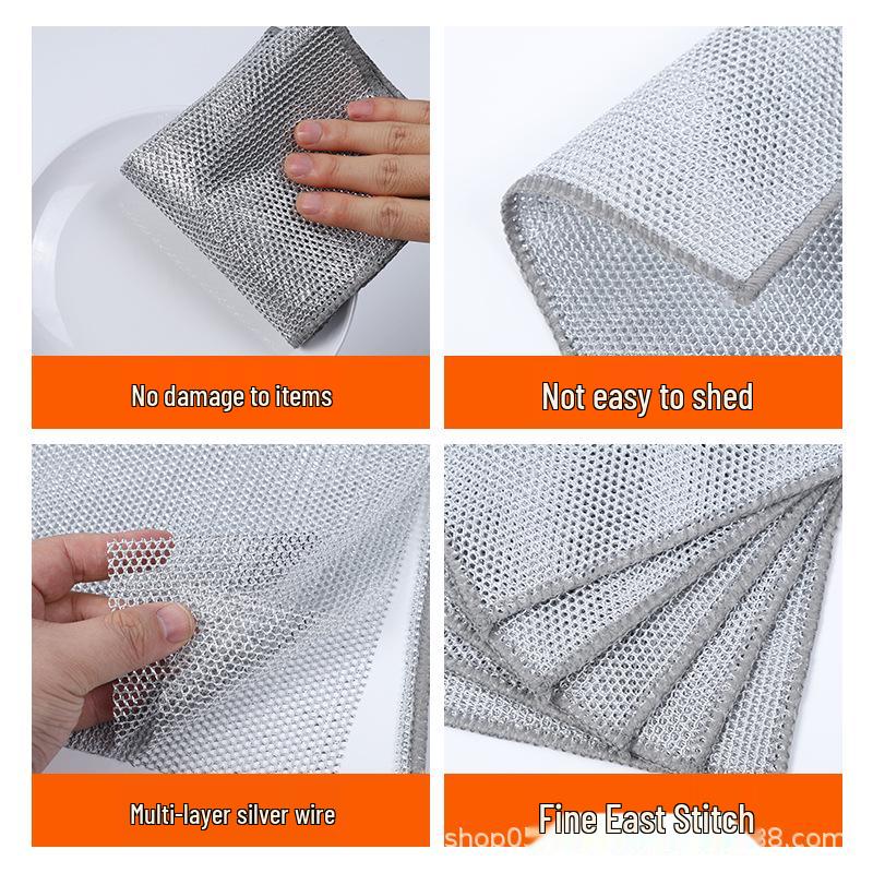 Silver Thread Double-Layer Scouring Pad: Thick, Non-Scratch, Degreasing, Water-Absorbent, Wear-Resistant Dishwashing Towel.