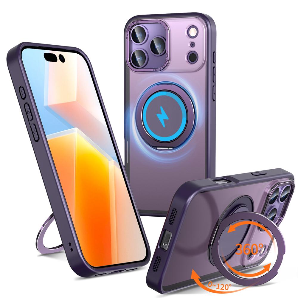 KEYSION Shockproof Matte Transparent Case for MagSafe for iPhone 17 Pro Max 360° Rotating Magnetic Ring Stand Phone Back Cover
