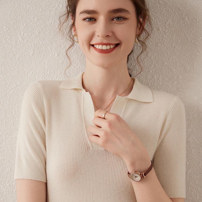 Women's Ultra-Fine Spun Cashmere Sweater: Soft, Sticky, POLO Collar, Short Slim-Fit Half Sleeves, Five-Point Style, Ideal Base Layer