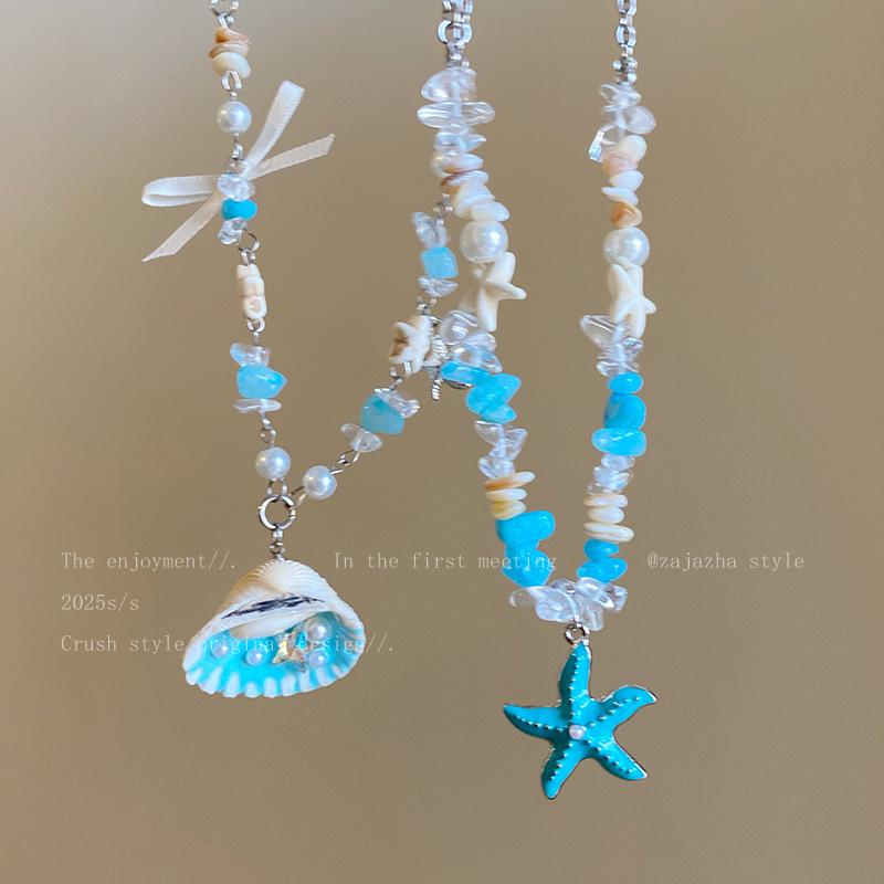 Blue Starfish Shell Beaded Necklace Women's Summer Seaside Vacation Wind Collarbone Chain Sweet Atmosphere Accessories