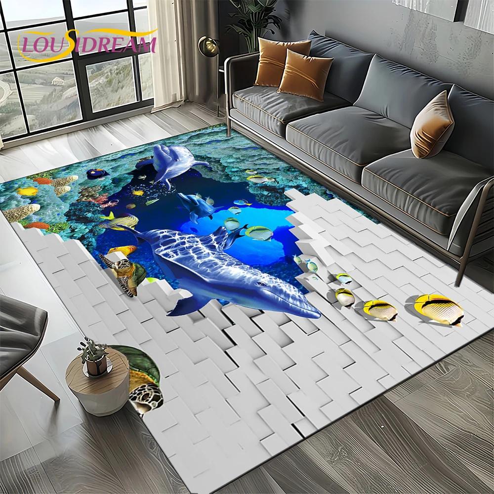 Underwater World 3D Illusion Seabed Cartoon Shark Dolphin Carpet Rug for Living Room Bedroom Home Sofa Decoration,Floor Mat Kid