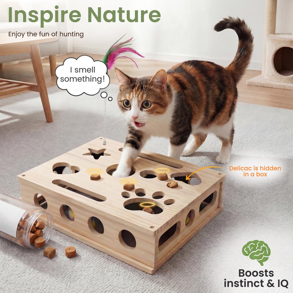 Interactive Cat Puzzle Toy Nail File Scratch Board Enrichment Box Wooden with 3 Bell Ball for Pet Exercise Boredom Relief