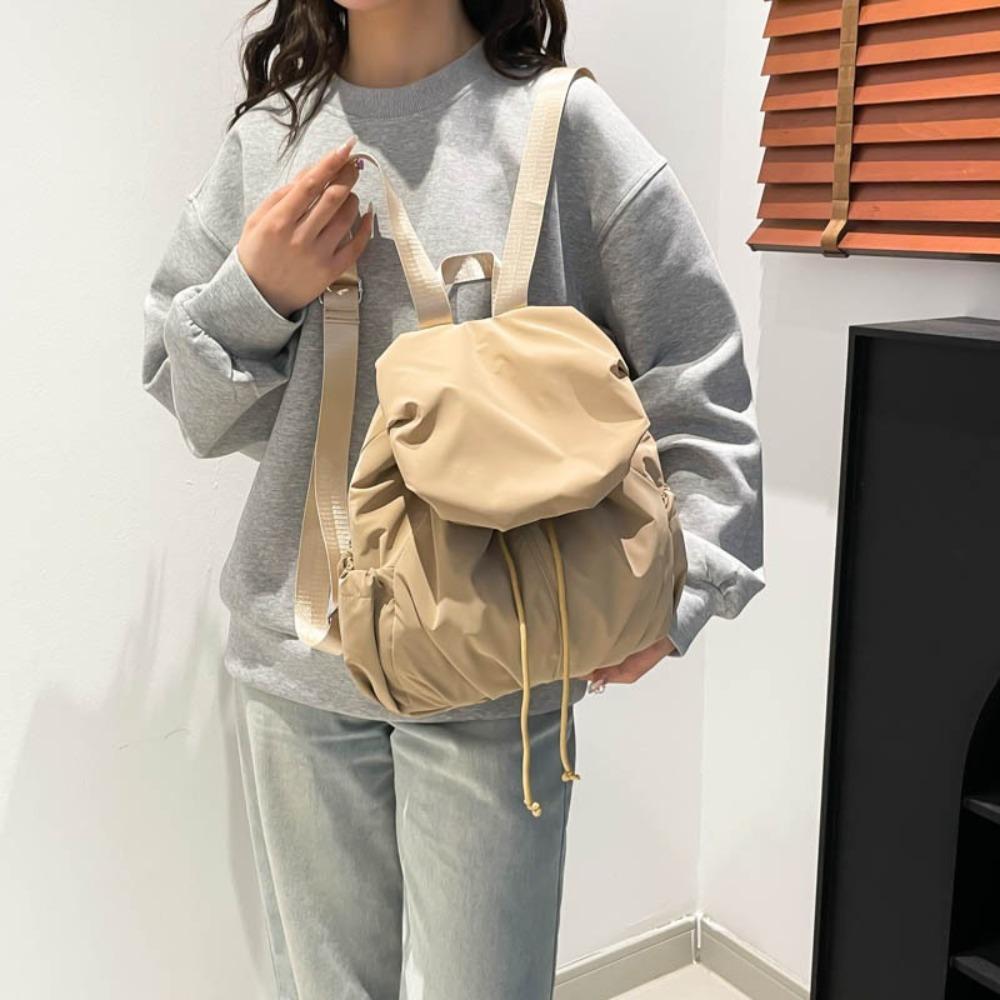 Pleated Nylon Backpack Solid Color Sports Shoulders Bag Casual Drawstring Backpack  College