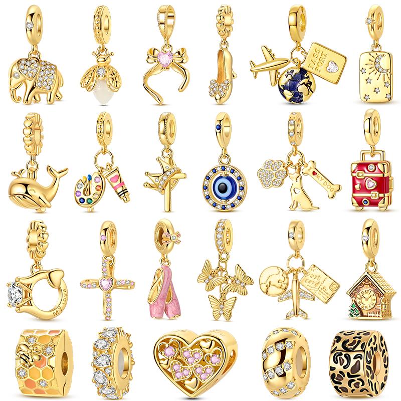 Original 925 Silver Guld Berlocker Pärlor DIY Armband Elefant Hund Hjärta Hänge Smycken För Kvinnor Gåvor