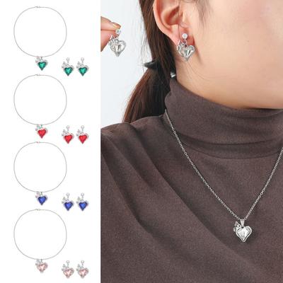 1 Set Love Heart Jewelry Rhinestone Faux Gem Heart Necklace And Earrings Women Heart Pendant